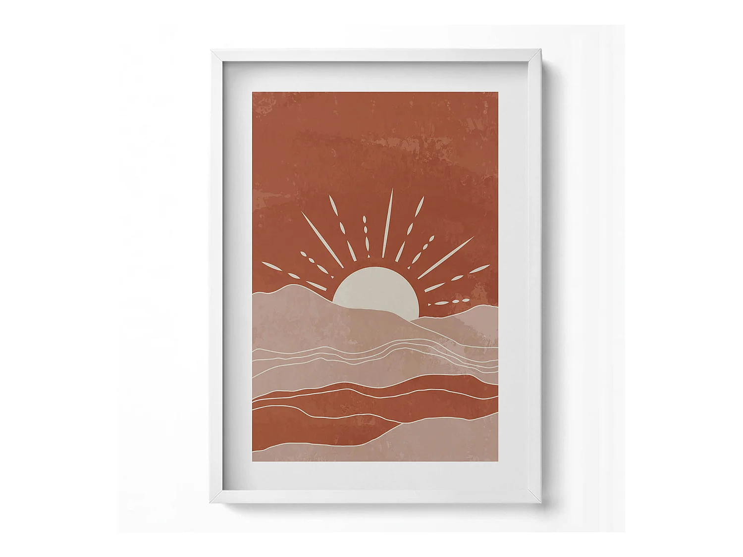 Tableau décoratif avec cadre blanc, Illustration du soleil levant 50 x 70 cm– Parfait pour le salon ou la chambre