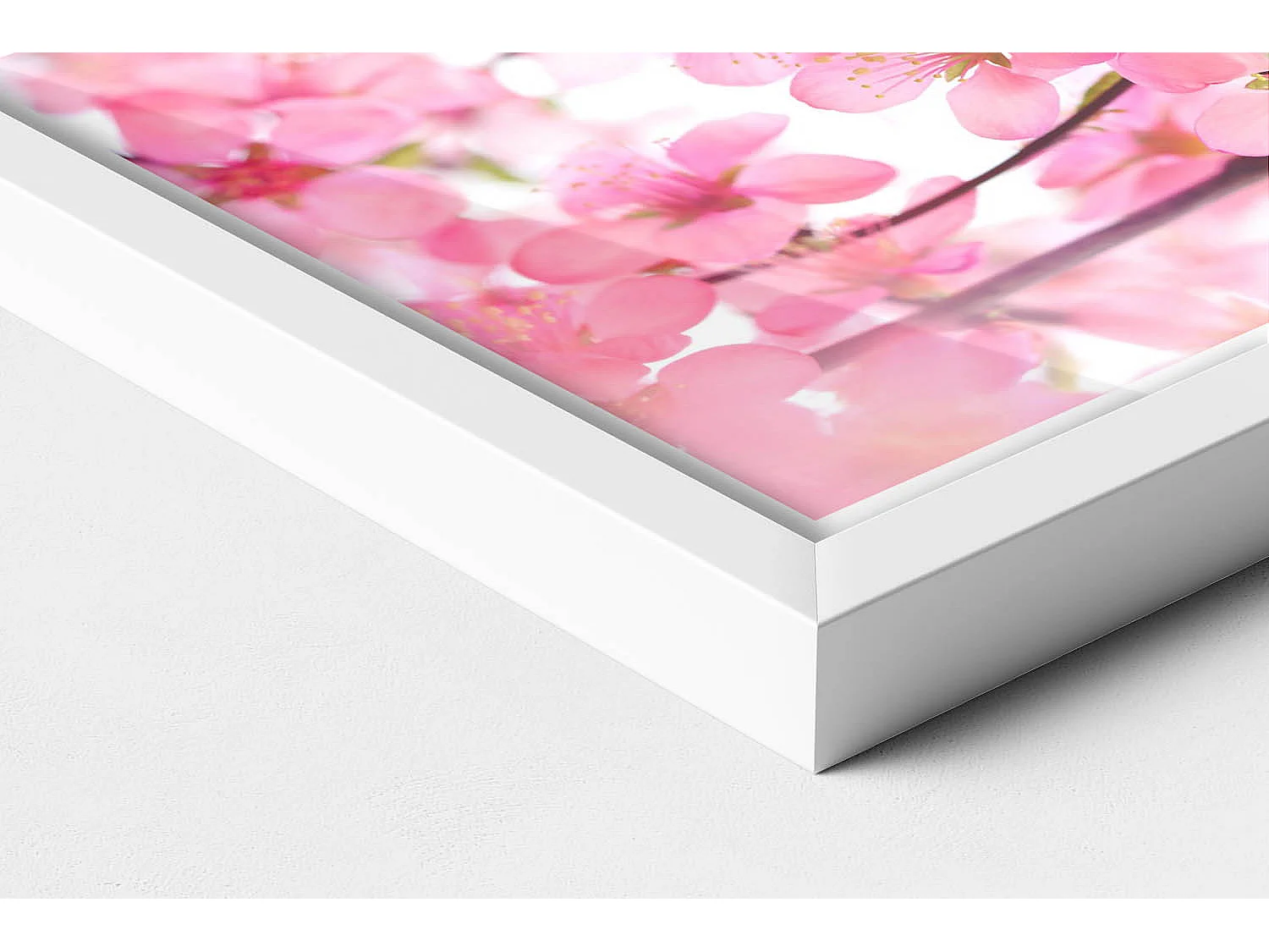 Tableau décoratif avec cadre blanc, Fleurs printanières roses sur les branches 30 x 20 cm – Parfait pour le salon ou la chambre