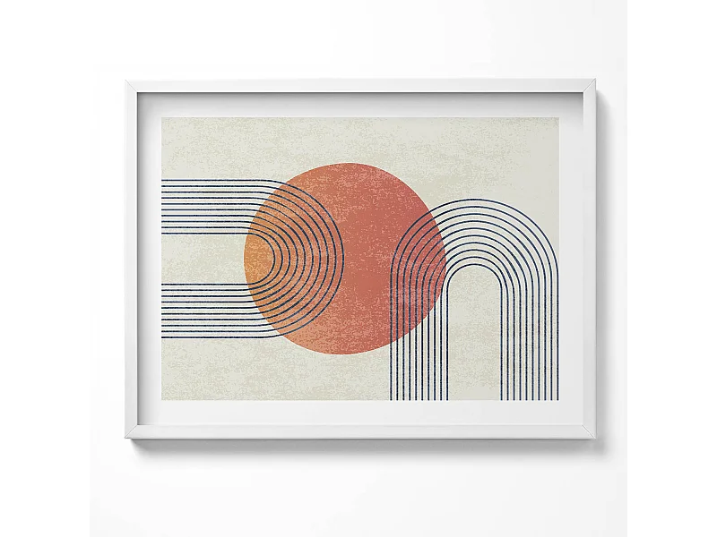 Decoratief schilderij met witte lijst, Lijnen en cirkel van moderne kunst 80 x 60 cm – Perfect voor de woon- of slaapkamer