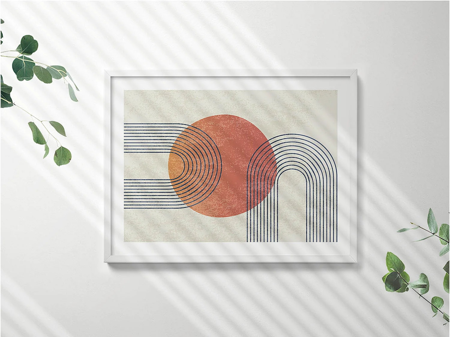 Dekoratives Gemälde mit weißem Rahmen, Linien und Kreis moderner Kunst 80 x 60 cm – Perfekt für das Wohn- oder Schlafzimmer