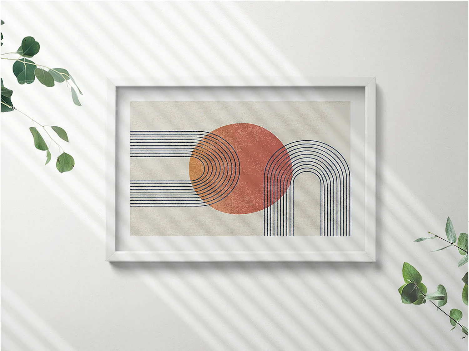 Decoratief schilderij met witte lijst, Lijnen en cirkel van moderne kunst 60 x 40 cm – Perfect voor de woon- of slaapkamer