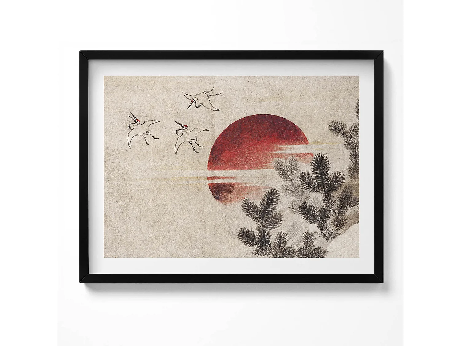 Dekoratives Gemälde mit schwarzem Rahmen, japanische Kunst der untergehenden Sonne 80 x 60 cm – Perfekt für das Wohn- oder Schlafzimmer