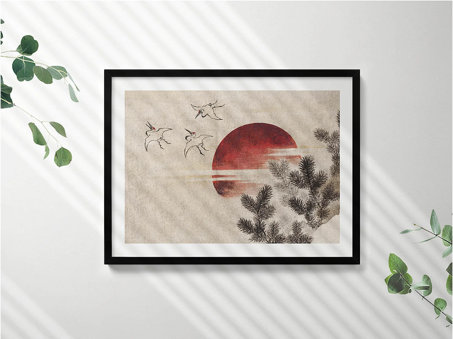 Dekoratives Gemälde mit schwarzem Rahmen, japanische Kunst der untergehenden Sonne 80 x 60 cm – Perfekt für das Wohn- oder Schlafzimmer