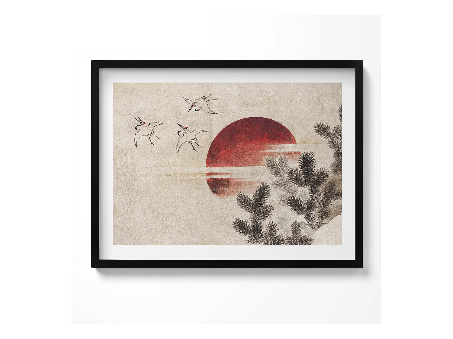 Tableau décoratif avec cadre noir, Art japonais du soleil couchant 80 x 60 cm– Parfait pour le salon ou la chambre