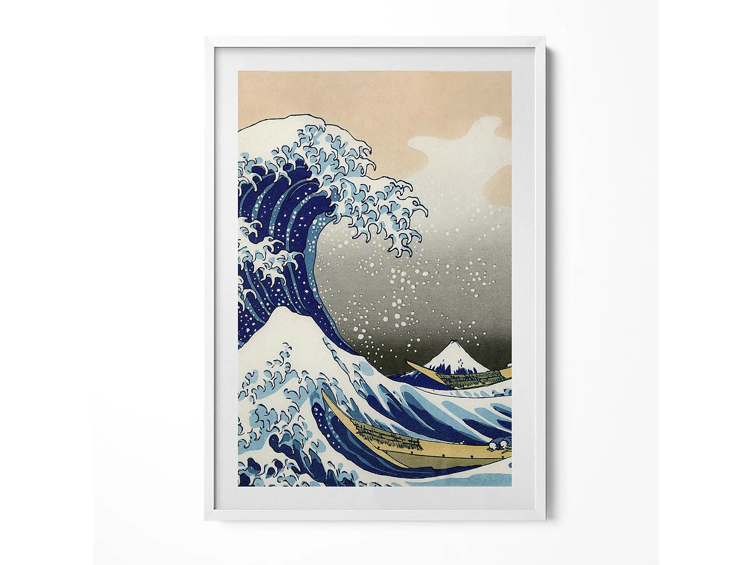 Tableau décoratif avec cadre blanc, Grosse vague à Kanagawa 70 x 100 cm– Parfait pour le salon ou la chambre