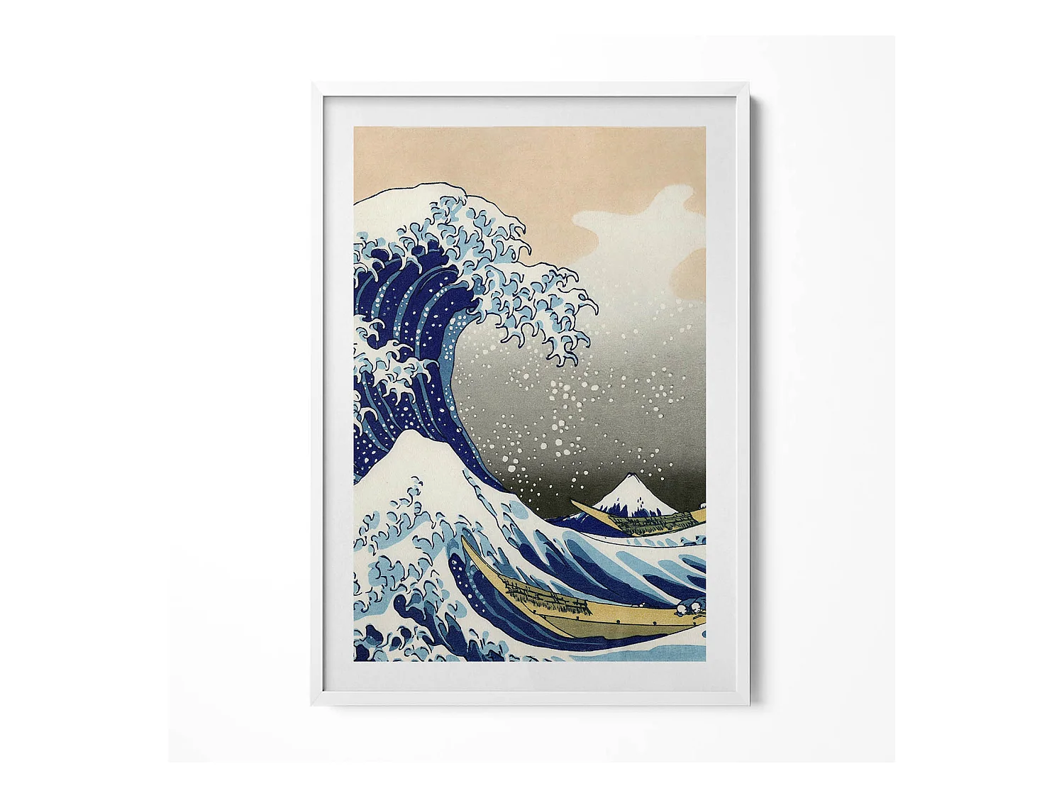 Tableau décoratif avec cadre blanc, Grosse vague à Kanagawa 70 x 100 cm– Parfait pour le salon ou la chambre