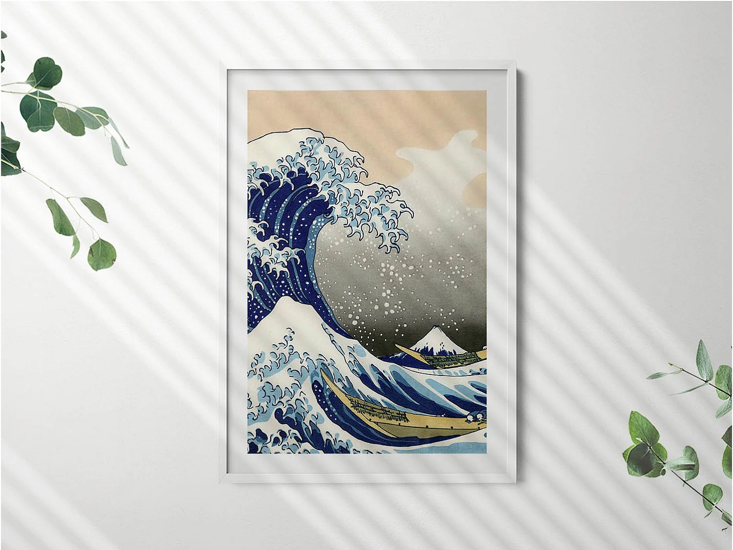 Dekoratives Gemälde mit weißem Rahmen, Große Welle in Kanagawa 70 x 100 cm – Perfekt für das Wohn- oder Schlafzimmer