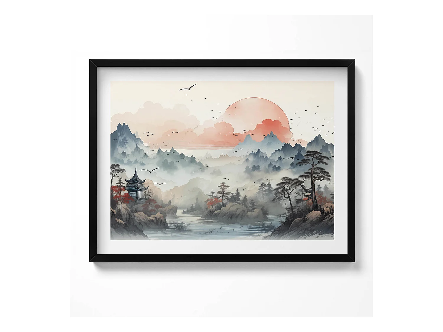 Tableau décoratif avec cadre noir, Paysage forestier de montagne 80 x 60 cm– Parfait pour le salon ou la chambre