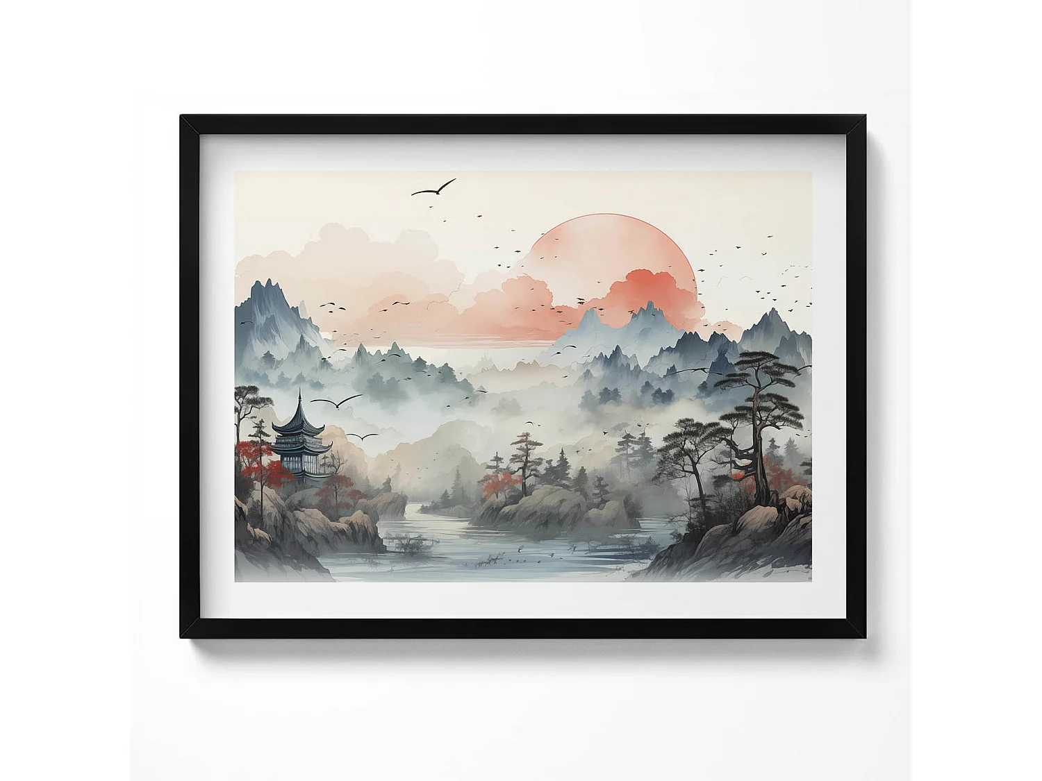 Tableau décoratif avec cadre noir, Paysage forestier de montagne 80 x 60 cm– Parfait pour le salon ou la chambre