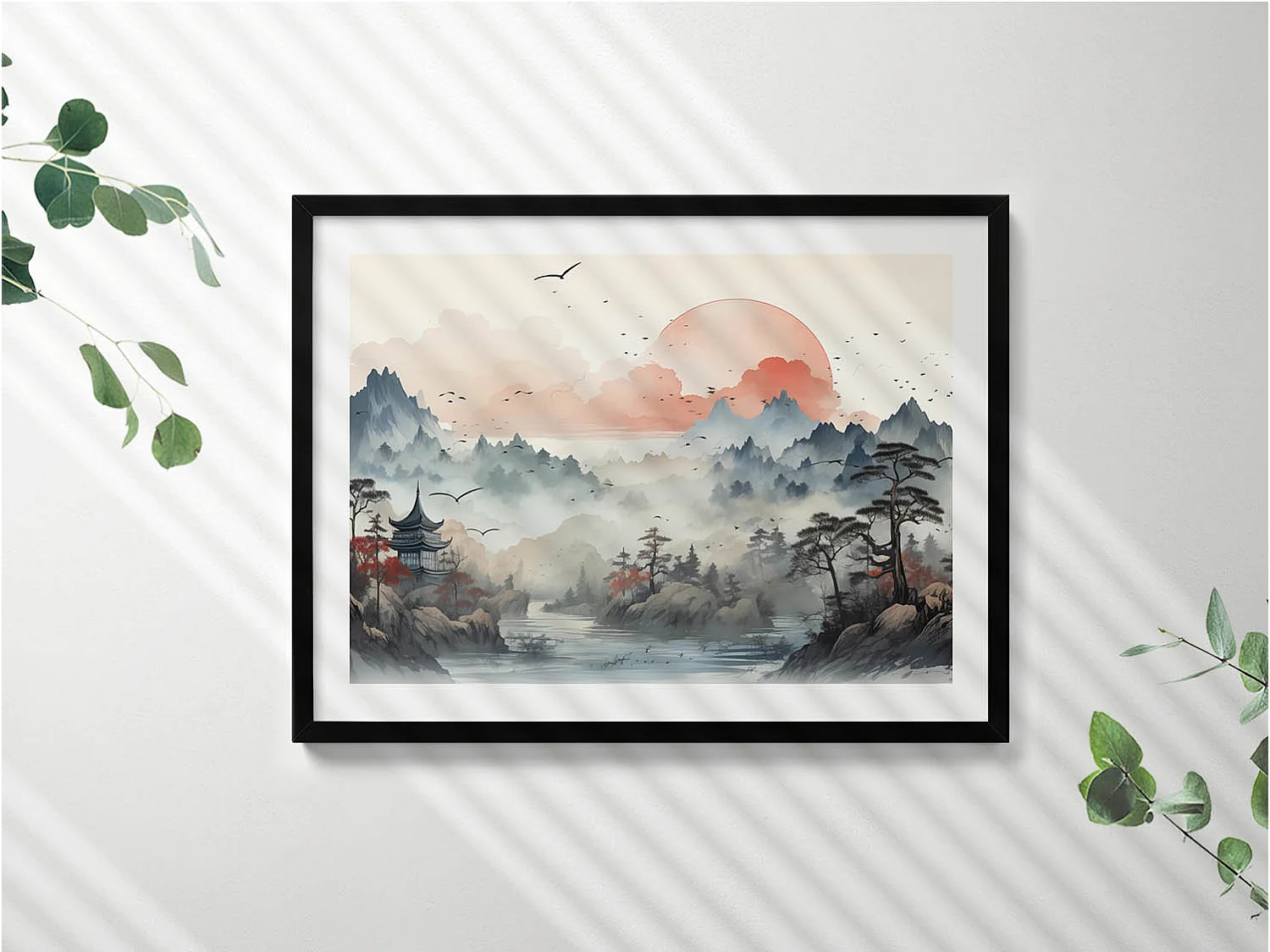 Tableau décoratif avec cadre noir, Paysage forestier de montagne 80 x 60 cm– Parfait pour le salon ou la chambre