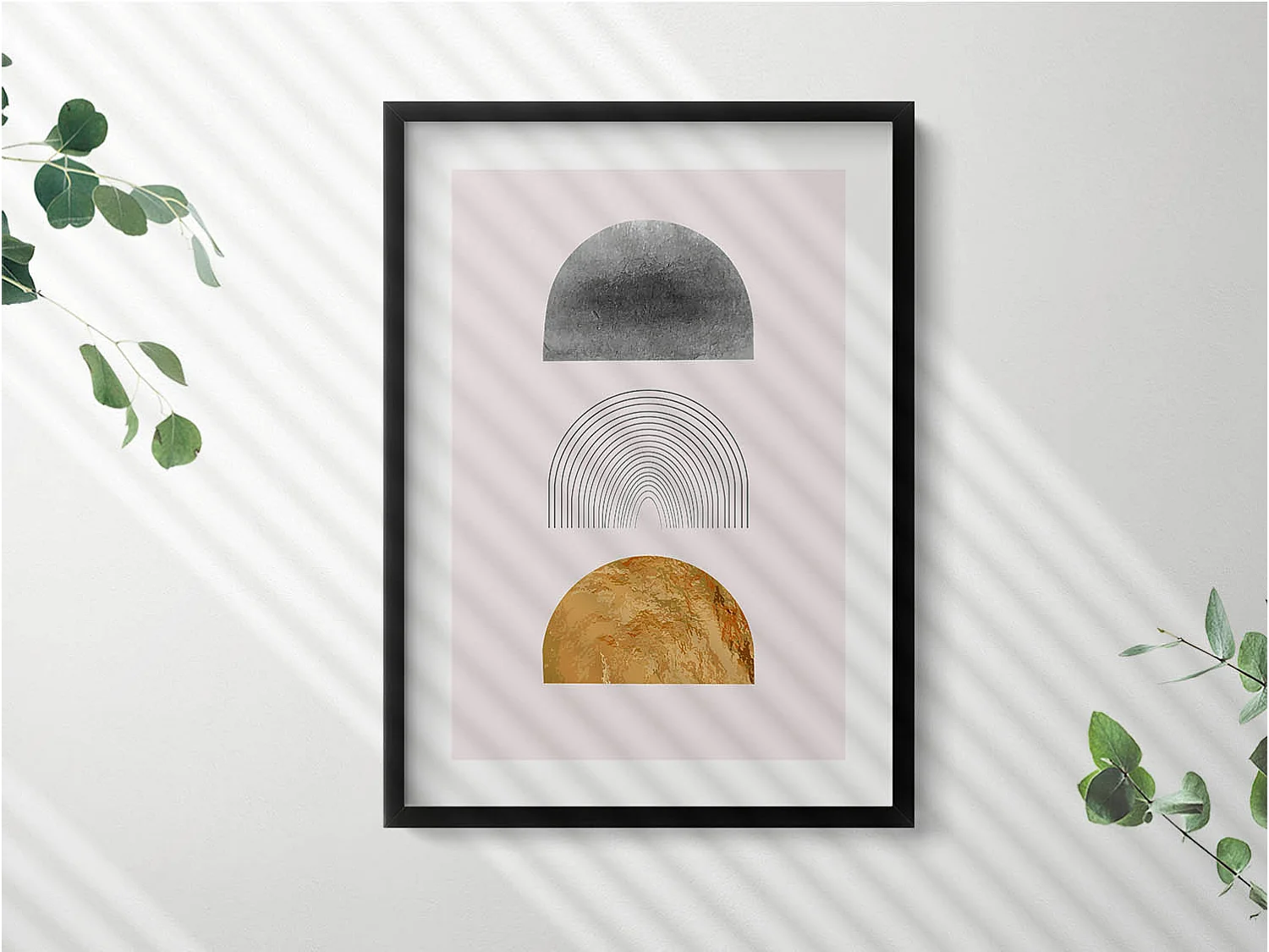 Tableau décoratif avec cadre noir, Formes bohèmes avec de l'or 50 x 70 cm– Parfait pour le salon ou la chambre