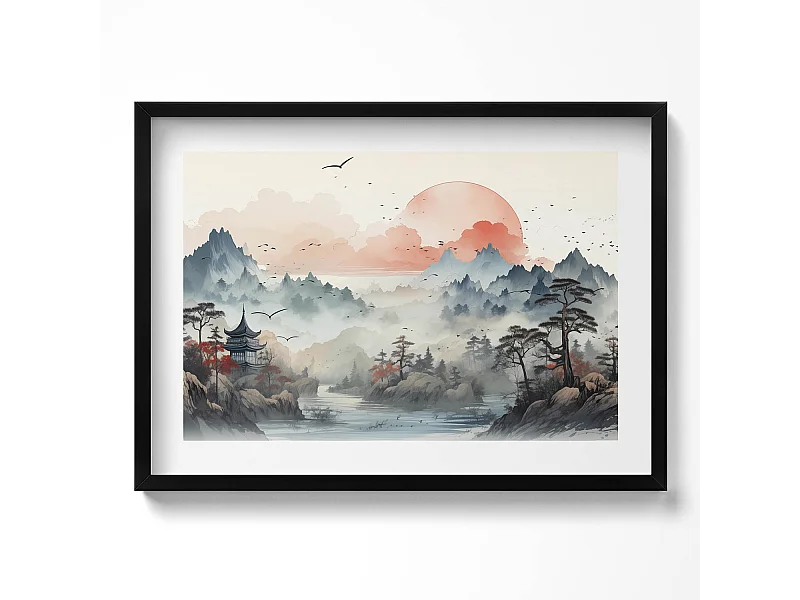 Decoratief schilderij met zwarte lijst, Bergboslandschap 70 x 50 cm – Perfect voor de woon- of slaapkamer