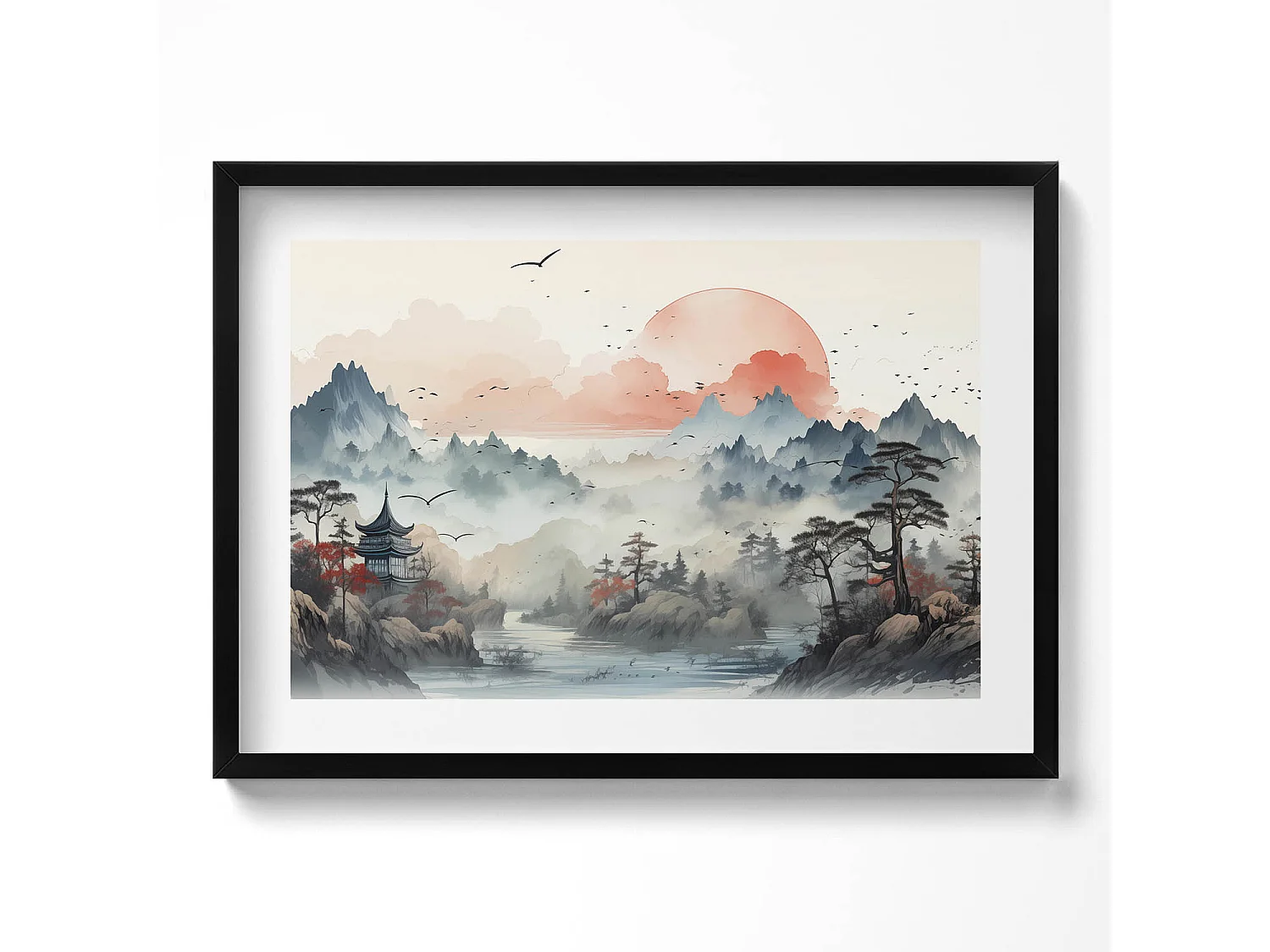 Dekoratives Gemälde mit schwarzem Rahmen, Bergwaldlandschaft 70 x 50 cm – Perfekt für das Wohn- oder Schlafzimmer