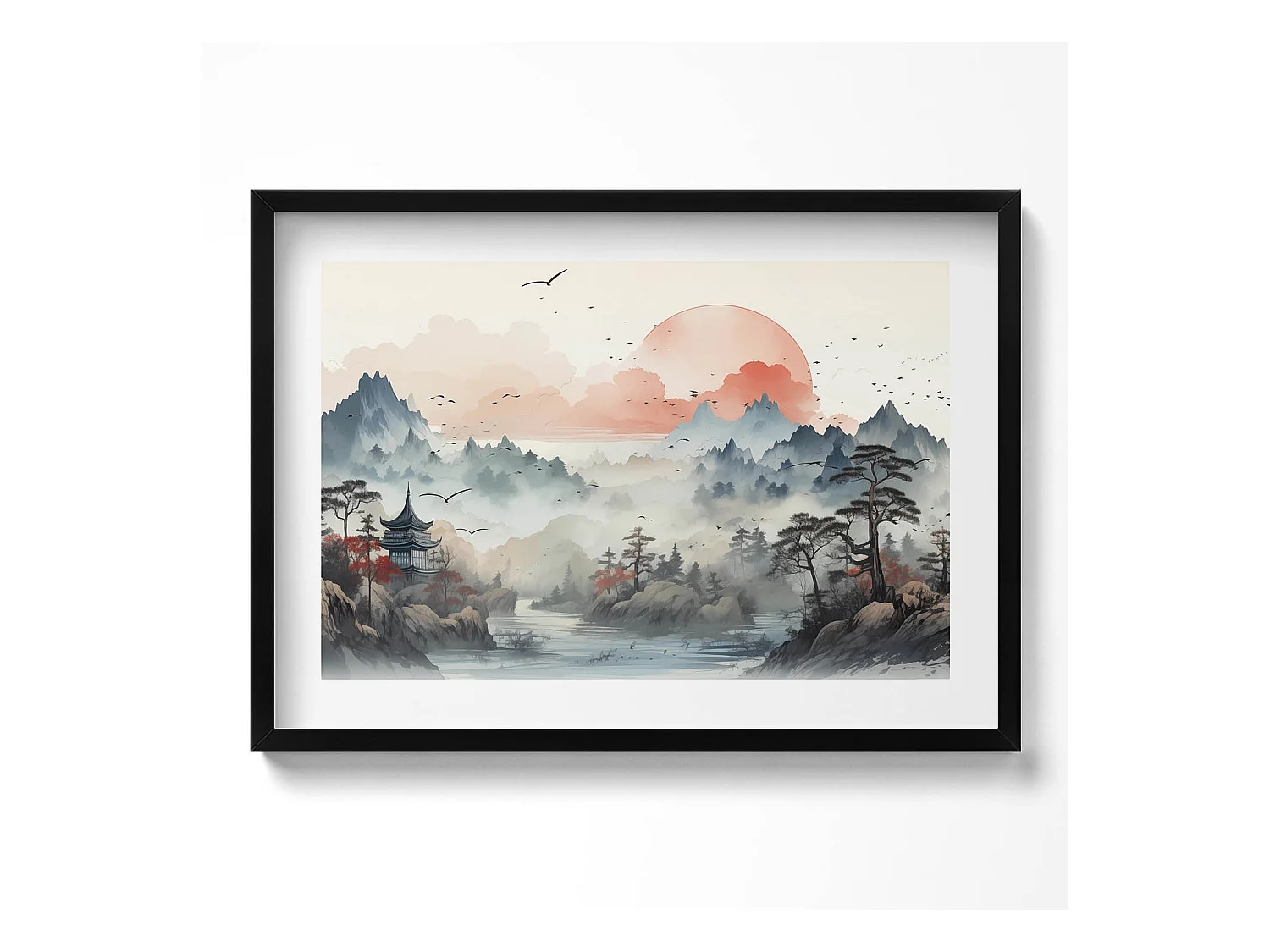 Tableau décoratif avec cadre noir, Paysage forestier de montagne 70 x 50 cm– Parfait pour le salon ou la chambre
