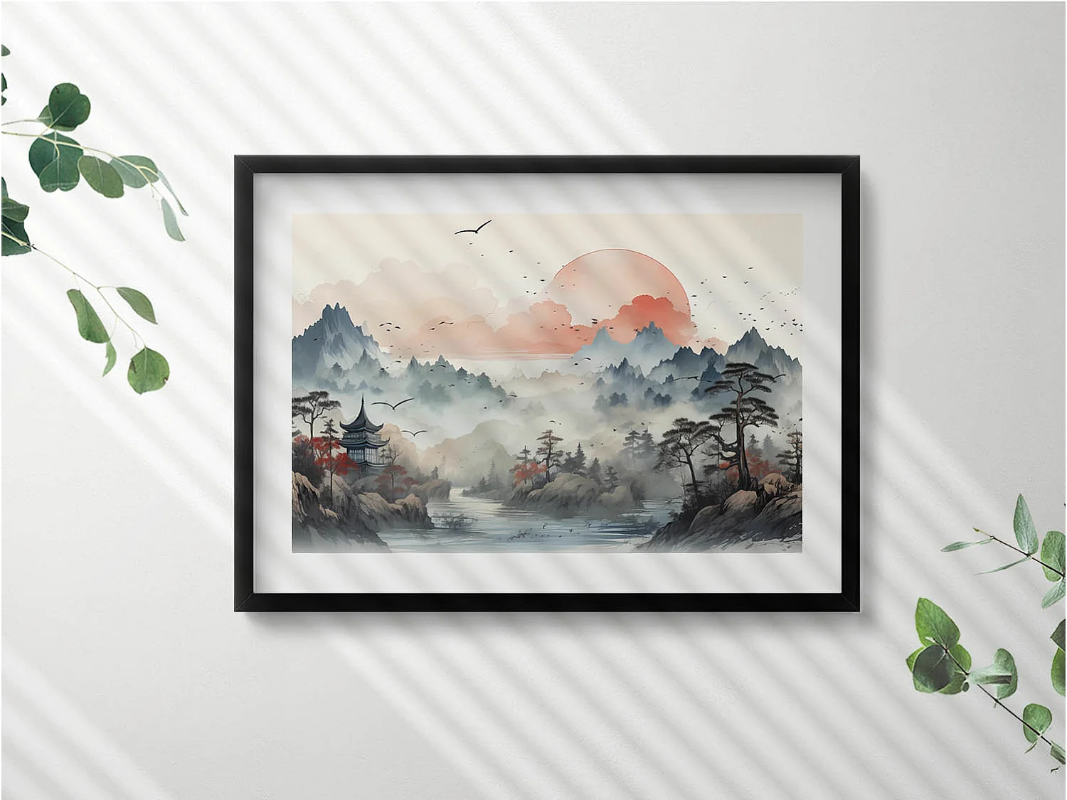 Tableau décoratif avec cadre noir, Paysage forestier de montagne 70 x 50 cm– Parfait pour le salon ou la chambre