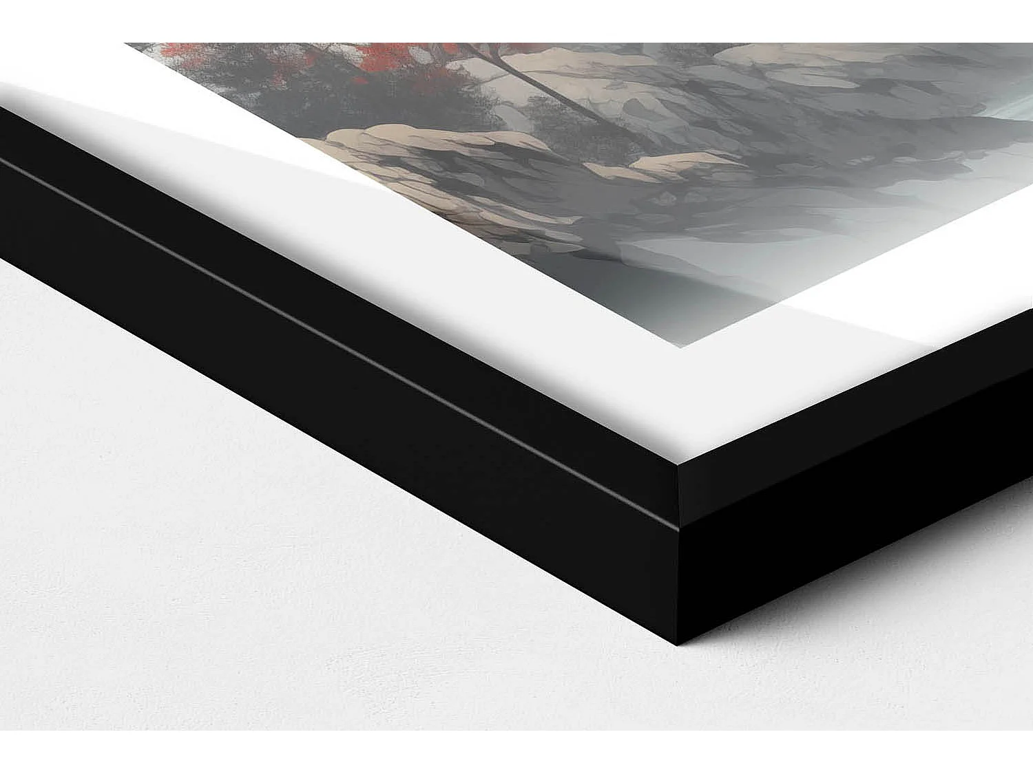 Tableau décoratif avec cadre noir, Paysage forestier de montagne 70 x 50 cm– Parfait pour le salon ou la chambre