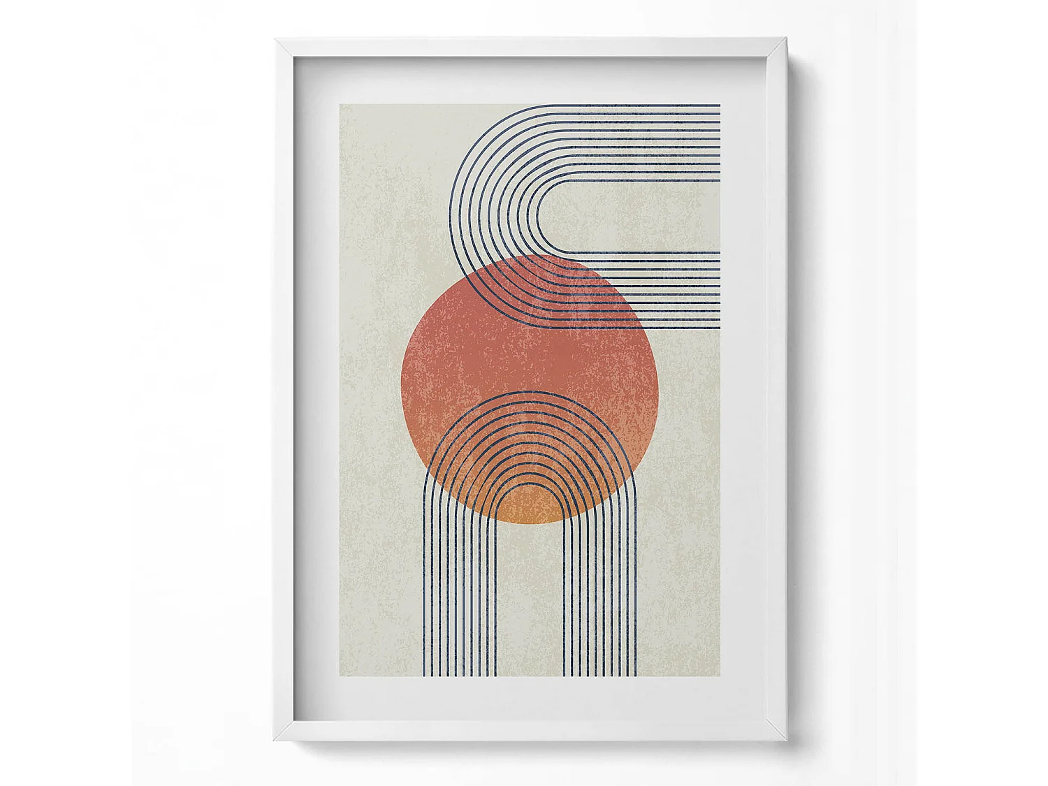 Dekoratives Gemälde mit weißem Rahmen, Linien und Kreis moderner Kunst 50 x 70 cm – Perfekt für das Wohn- oder Schlafzimmer