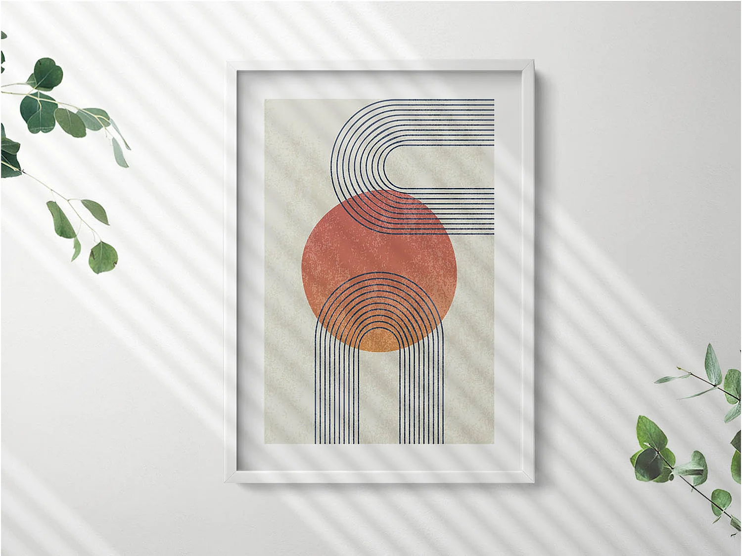 Dekoratives Gemälde mit weißem Rahmen, Linien und Kreis moderner Kunst 50 x 70 cm – Perfekt für das Wohn- oder Schlafzimmer