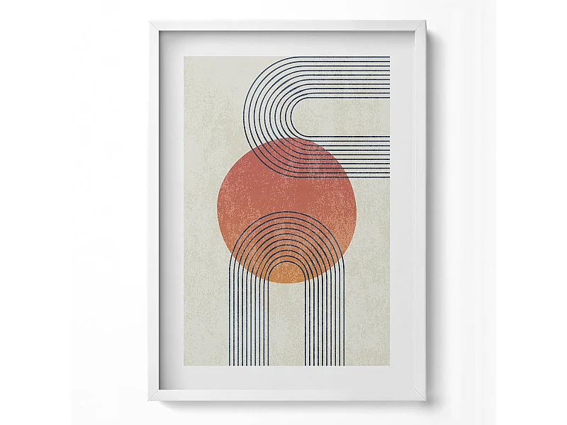 Dekoratives Gemälde mit weißem Rahmen, Linien und Kreis moderner Kunst 50 x 70 cm – Perfekt für das Wohn- oder Schlafzimmer