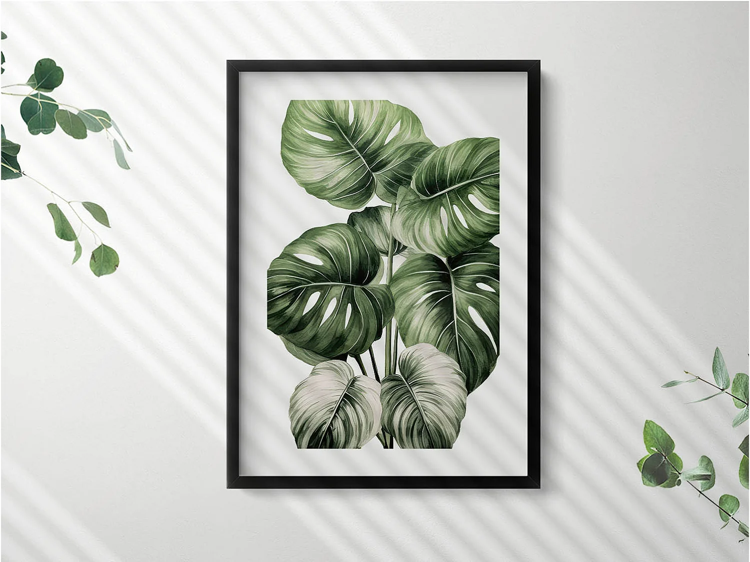 Dekoratives Gemälde mit schwarzem Rahmen, bemalte Monstera-Blätter 50 x 70 cm – perfekt für das Wohn- oder Schlafzimmer