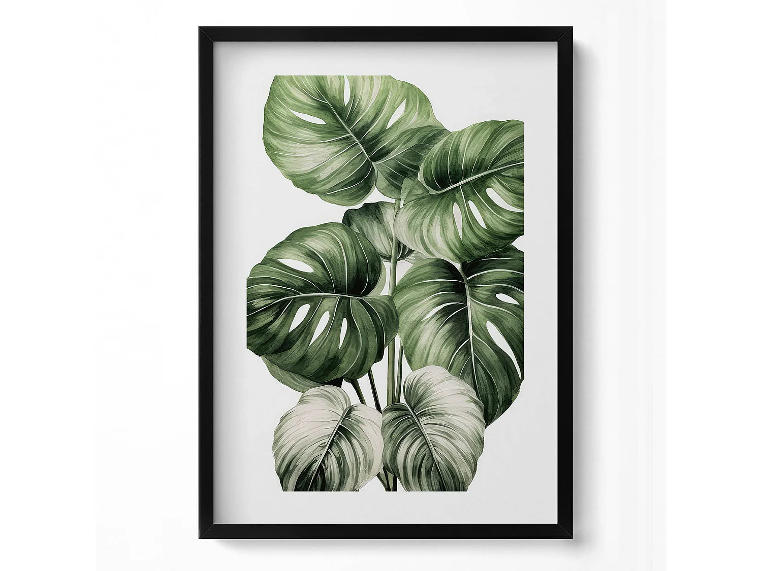 Tableau décoratif avec cadre noir, Feuilles de monstera peintes 50 x 70 cm– Parfait pour le salon ou la chambre