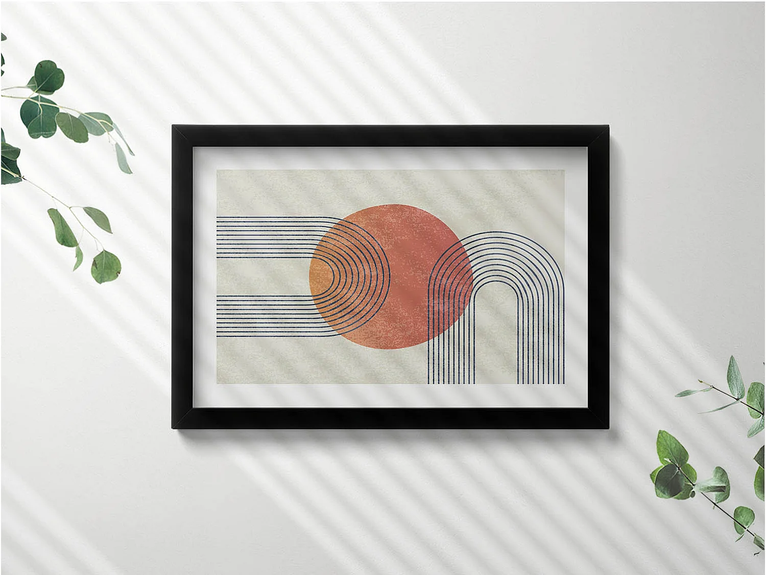 Tableau décoratif avec cadre noir, Lignes et cercle d'art moderne 30 x 20 cm – Parfait pour le salon ou la chambre