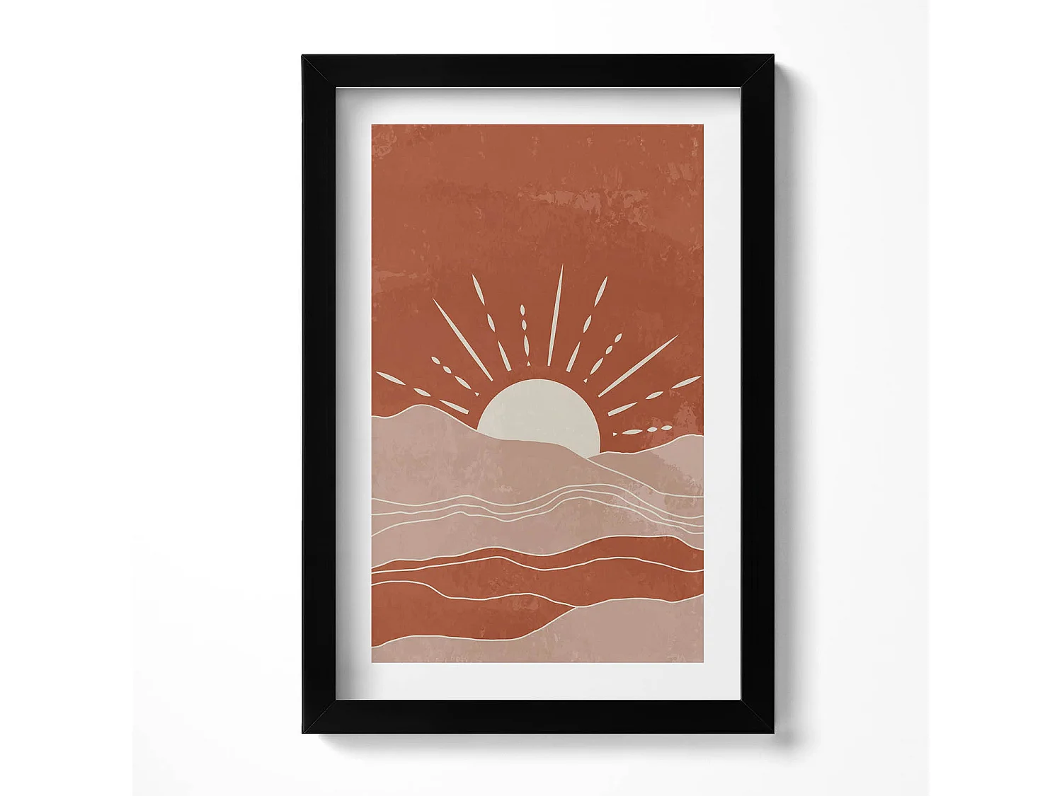 Decoratief schilderij met zwarte lijst, Illustratie van de opkomende zon 20 x 30 cm – Perfect voor de woon- of slaapkamer