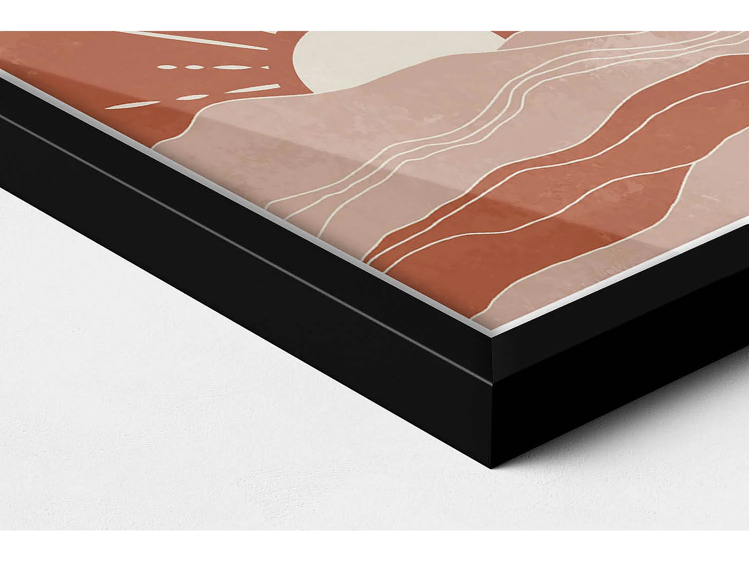 Decoratief schilderij met zwarte lijst, Illustratie van de opkomende zon 20 x 30 cm – Perfect voor de woon- of slaapkamer