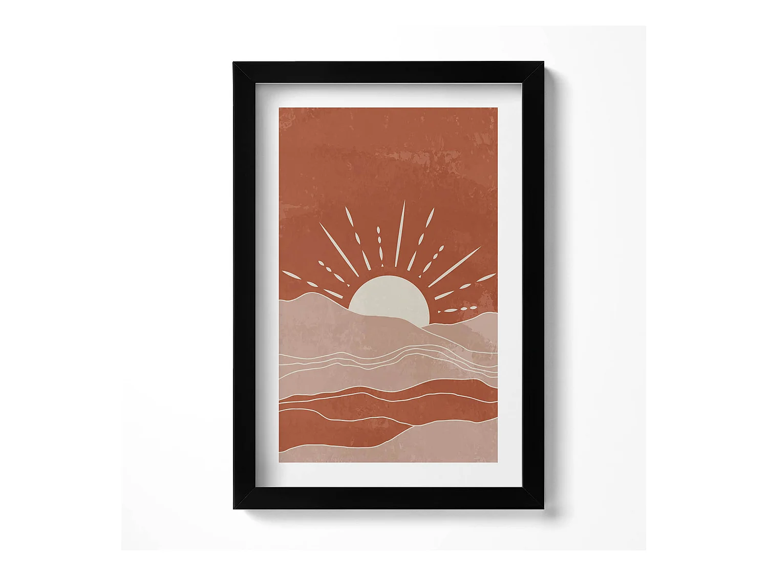 Tableau décoratif avec cadre noir, Illustration du soleil levant 20 x 30 cm – Parfait pour le salon ou la chambre