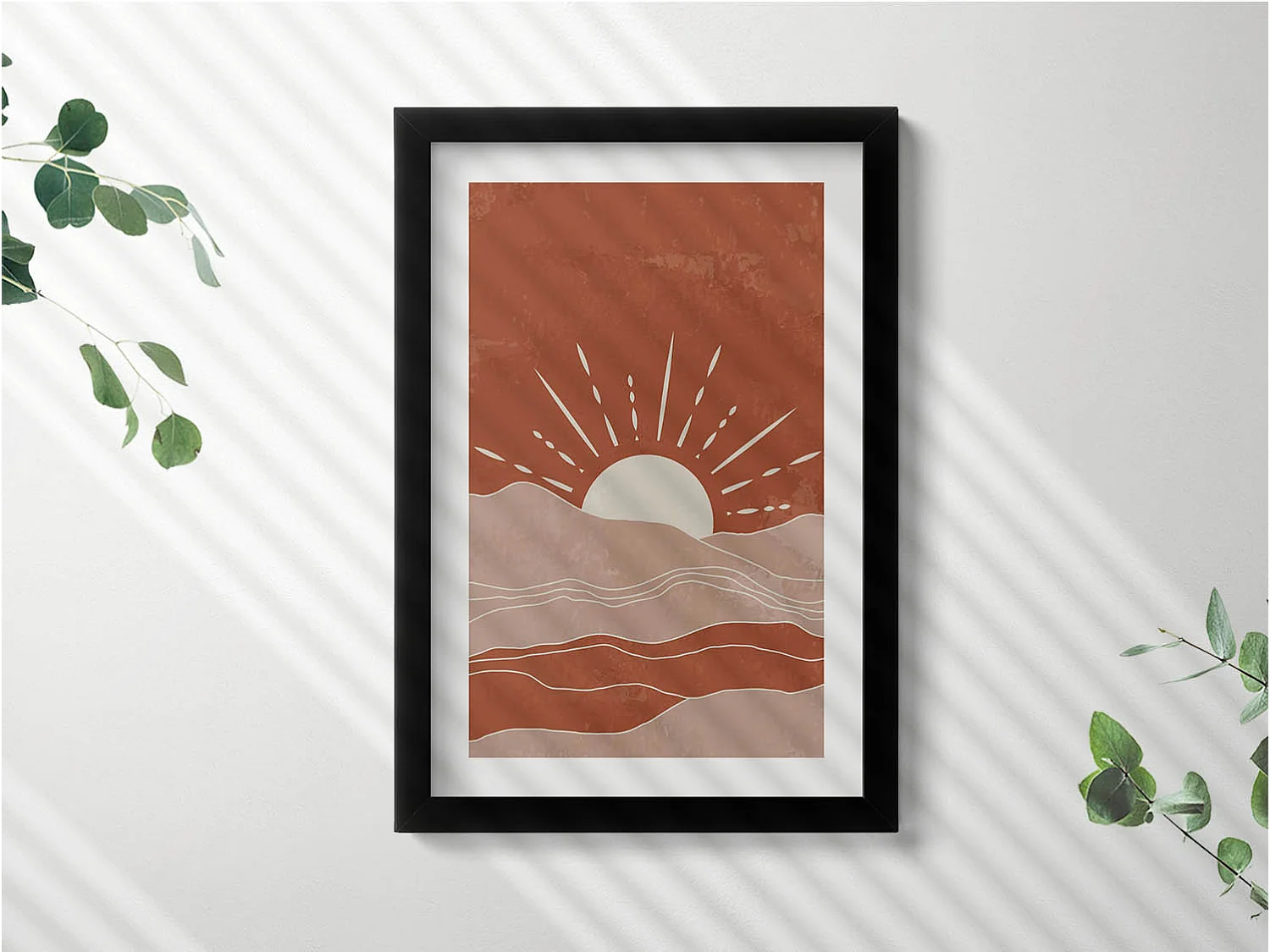 Tableau décoratif avec cadre noir, Illustration du soleil levant 20 x 30 cm – Parfait pour le salon ou la chambre