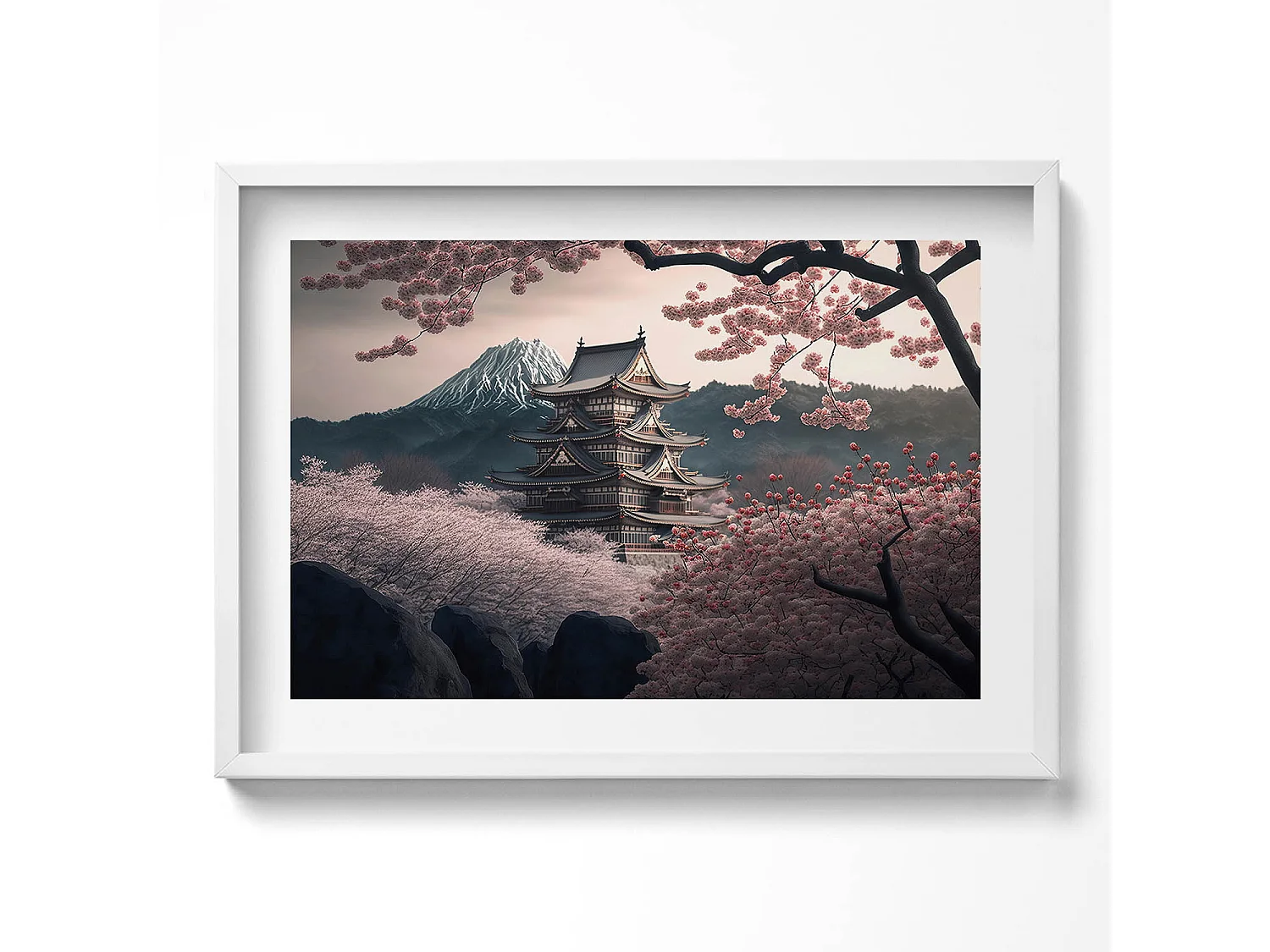 Tableau décoratif avec cadre blanc, Tour asiatique et fleurs de cerisier 70 x 50 cm– Parfait pour le salon ou la chambre