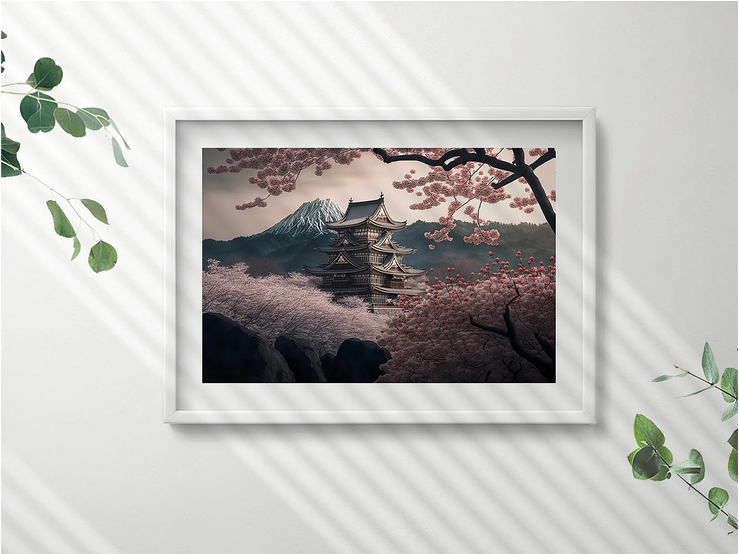 Tableau décoratif avec cadre blanc, Tour asiatique et fleurs de cerisier 70 x 50 cm– Parfait pour le salon ou la chambre