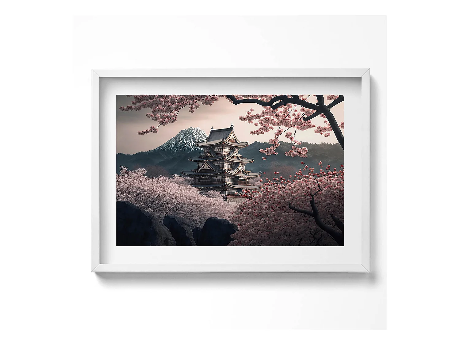 Tableau décoratif avec cadre blanc, Tour asiatique et fleurs de cerisier 70 x 50 cm– Parfait pour le salon ou la chambre