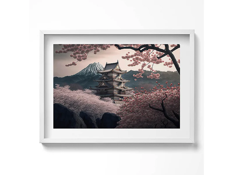 Dekoratives Gemälde mit weißem Rahmen, asiatischem Turm und Kirschblüten 70 x 50 cm – Perfekt für das Wohn- oder Schlafzimmer