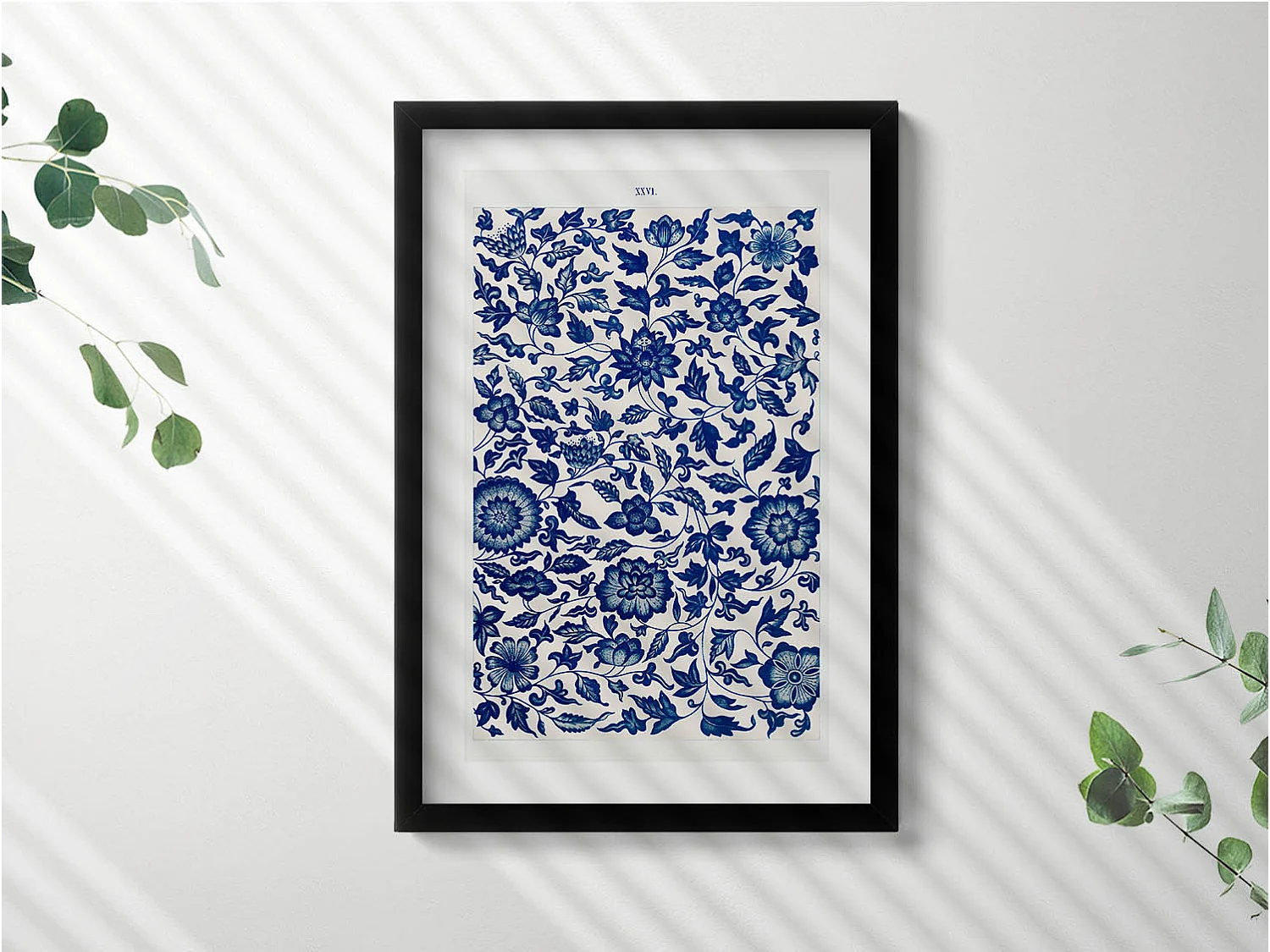 Tableau décoratif avec cadre noir, Motif floral vintage 40 x 60 cm– Parfait pour le salon ou la chambre