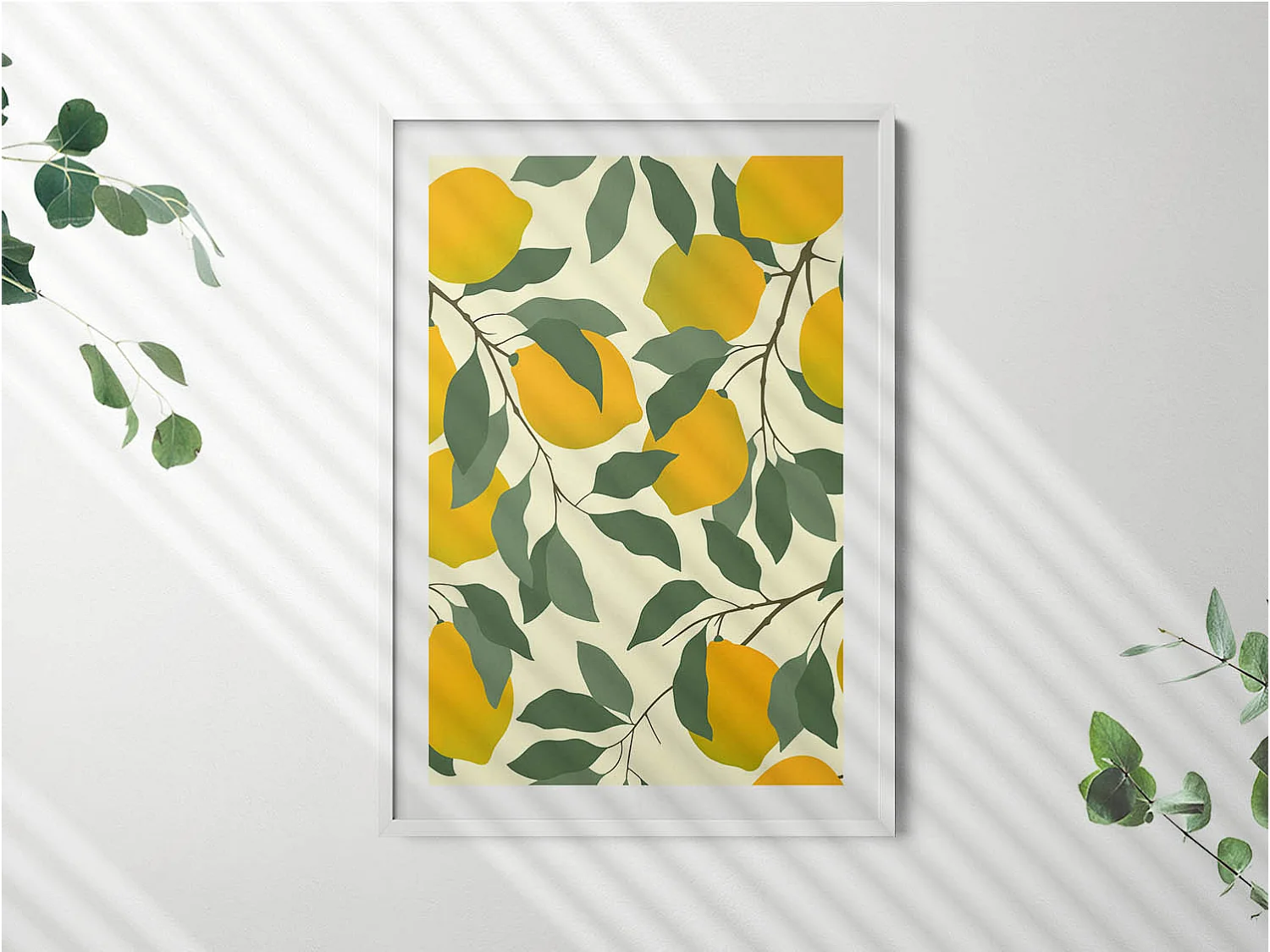 Decoratief schilderij met witte lijst, Illustratie van citroenen 70 x 100 cm – Perfect voor de woon- of slaapkamer