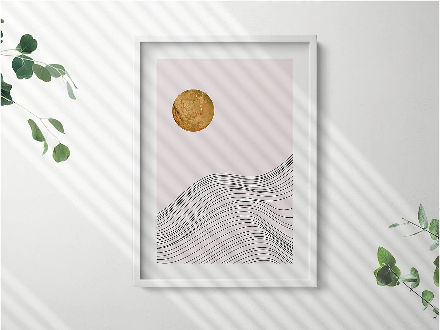 Dekoratives Gemälde mit weißem Rahmen, minimalistische Abstraktion mit goldenen Details 50 x 70 cm – perfekt für das Wohn- oder Schlafzimmer