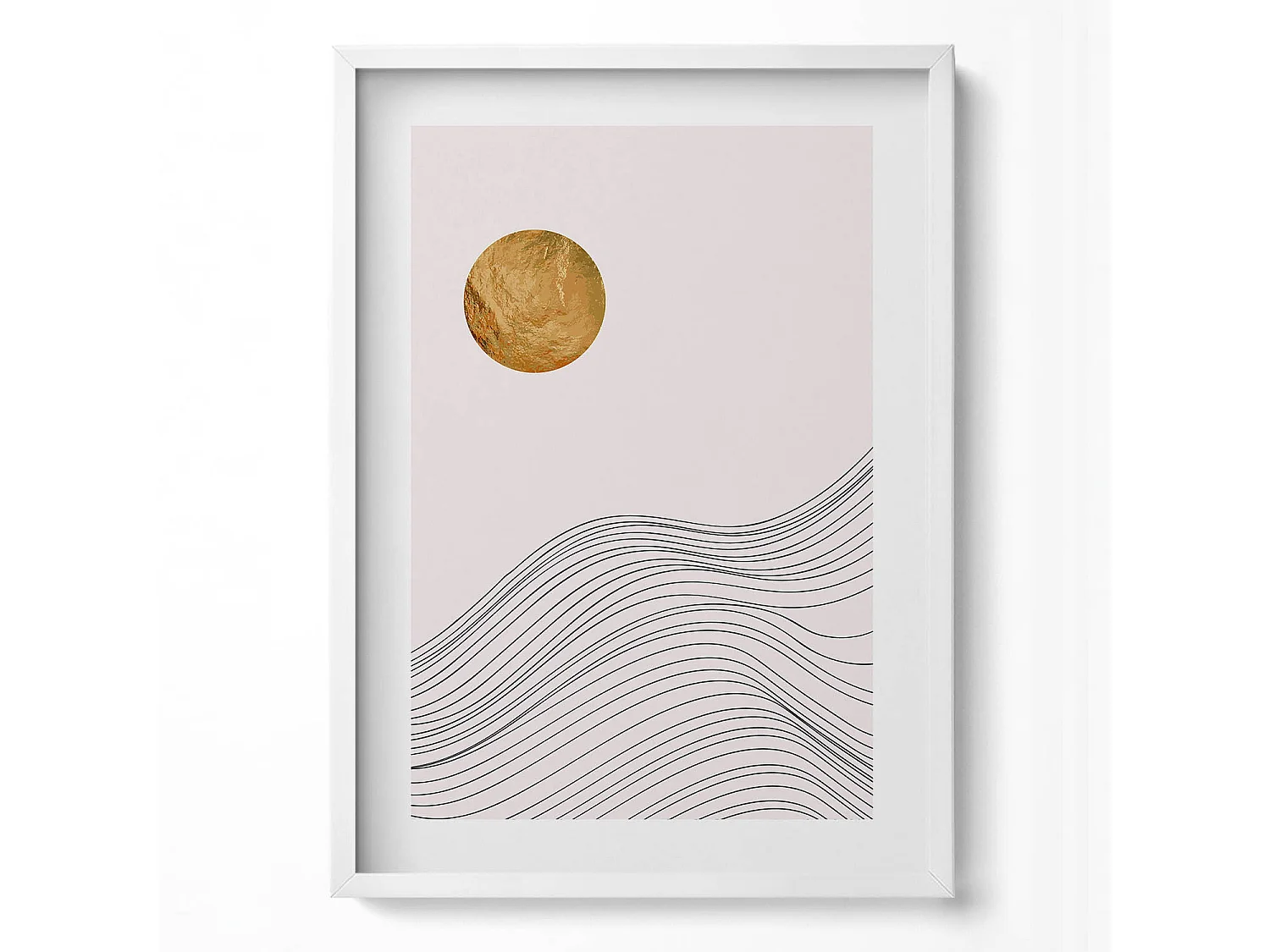 Cuadro decorativo con marco blanco, Abstracción minimalista con detalles dorados 50 x 70 cm – Perfecto para el salón o el dormitorio