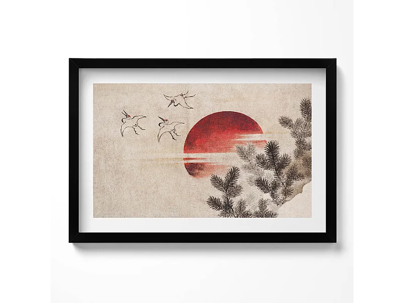 Dekoratives Gemälde mit schwarzem Rahmen, japanische Kunst der untergehenden Sonne 60 x 40 cm – Perfekt für das Wohn- oder Schlafzimmer
