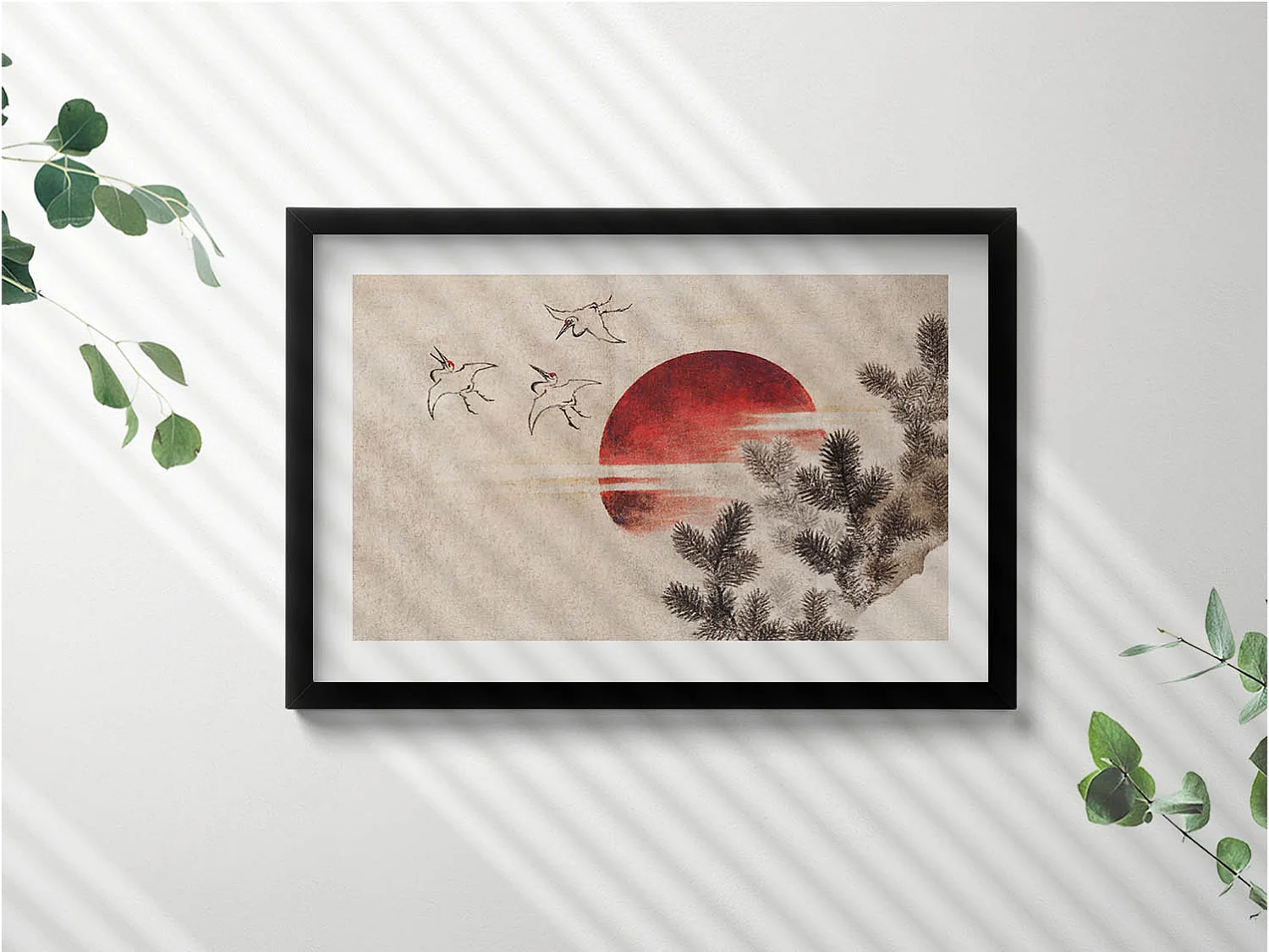Tableau décoratif avec cadre noir, Art japonais du soleil couchant 60 x 40 cm– Parfait pour le salon ou la chambre