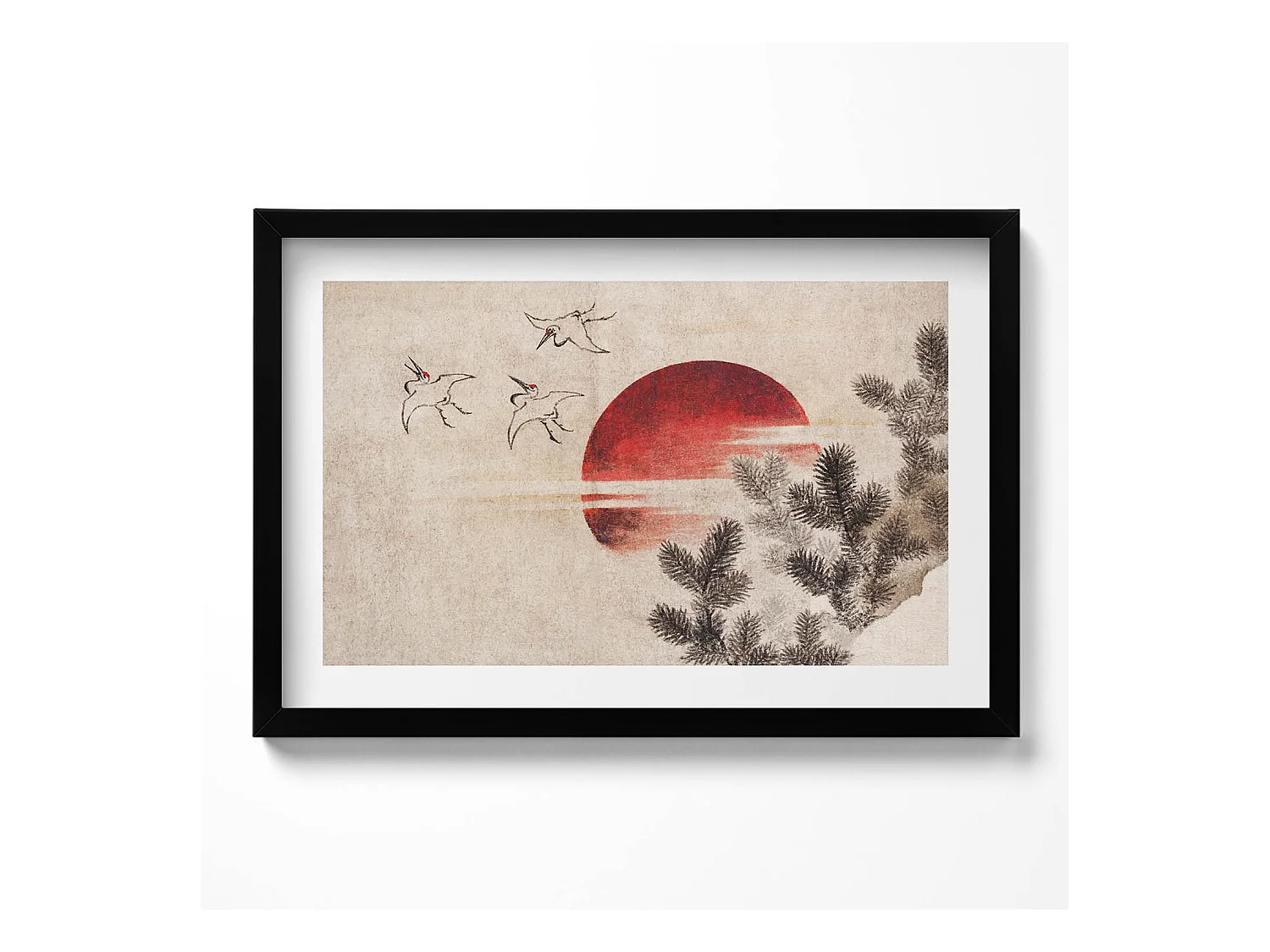 Tableau décoratif avec cadre noir, Art japonais du soleil couchant 60 x 40 cm– Parfait pour le salon ou la chambre