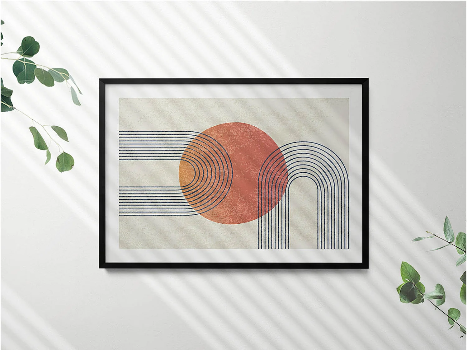 Dekoratives Gemälde mit schwarzem Rahmen, Linien und Kreis moderner Kunst 100 x 70 cm – Perfekt für das Wohn- oder Schlafzimmer