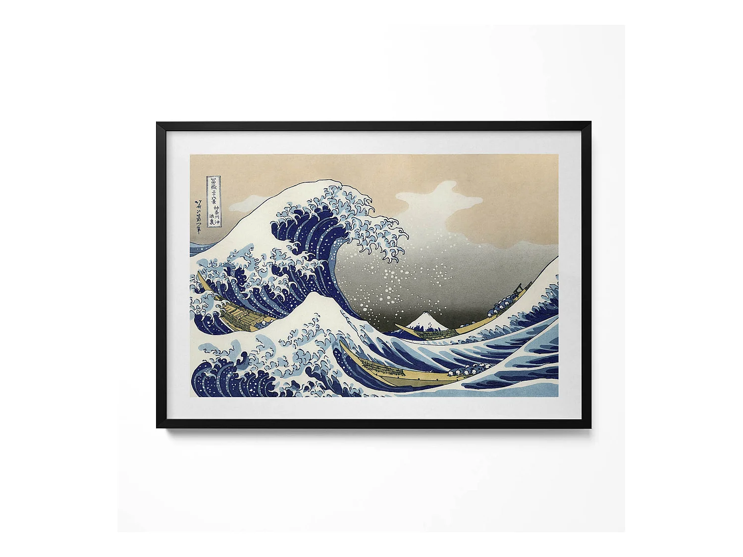 Tableau décoratif avec cadre noir, Grosse vague à Kanagawa 100 x 70 cm– Parfait pour le salon ou la chambre