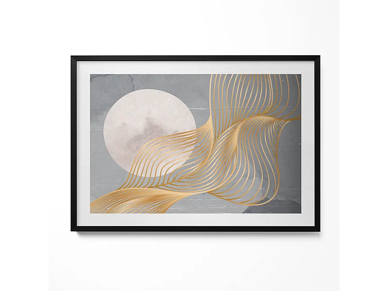 Tableau décoratif avec cadre noir, Illustration abstraite de la lune avec de l'or 100 x 70 cm– Parfait pour le salon ou la chambre