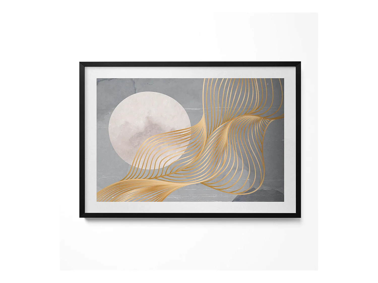 Tableau décoratif avec cadre noir, Illustration abstraite de la lune avec de l'or 100 x 70 cm– Parfait pour le salon ou la chambre
