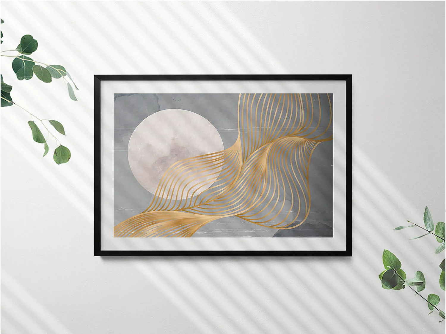 Tableau décoratif avec cadre noir, Illustration abstraite de la lune avec de l'or 100 x 70 cm– Parfait pour le salon ou la chambre