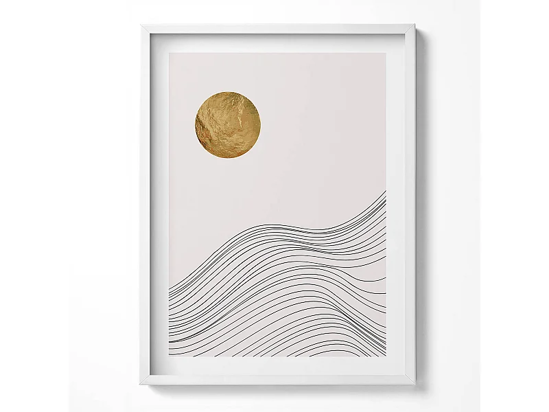 Tableau décoratif avec cadre blanc, Abstraction minimaliste avec détails dorés 60 x 80 cm– Parfait pour le salon ou la chambre