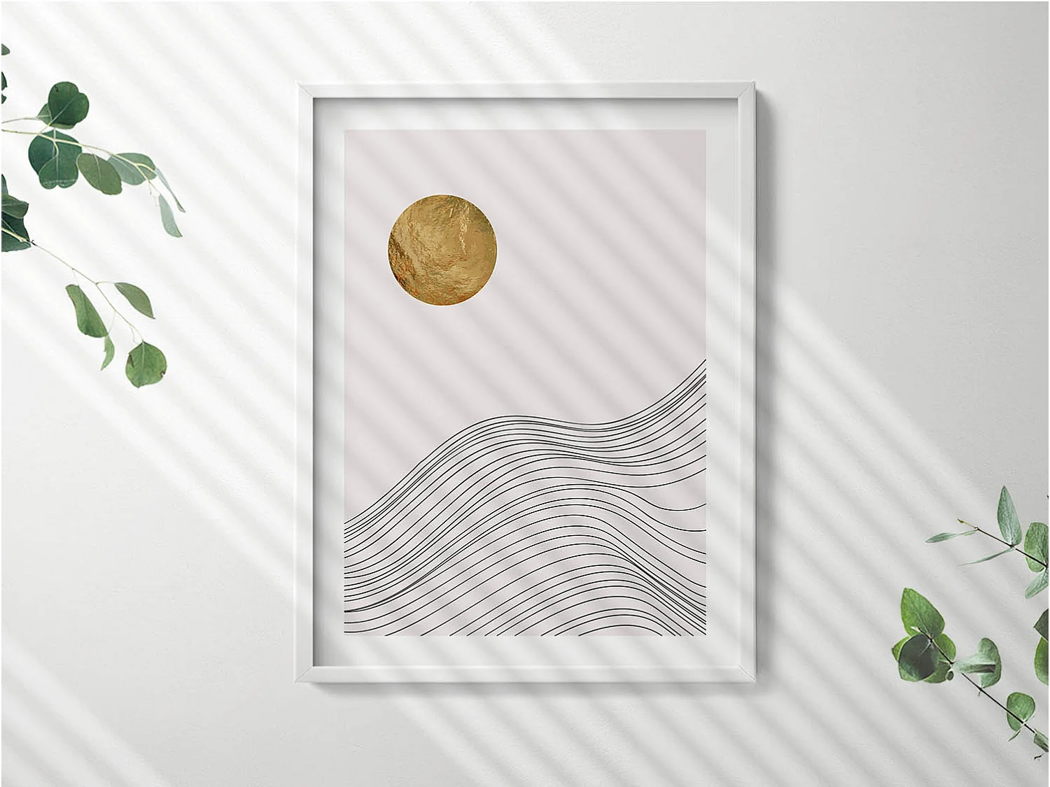 Dekoratives Gemälde mit weißem Rahmen, minimalistische Abstraktion mit goldenen Details 60 x 80 cm – perfekt für das Wohn- oder Schlafzimmer