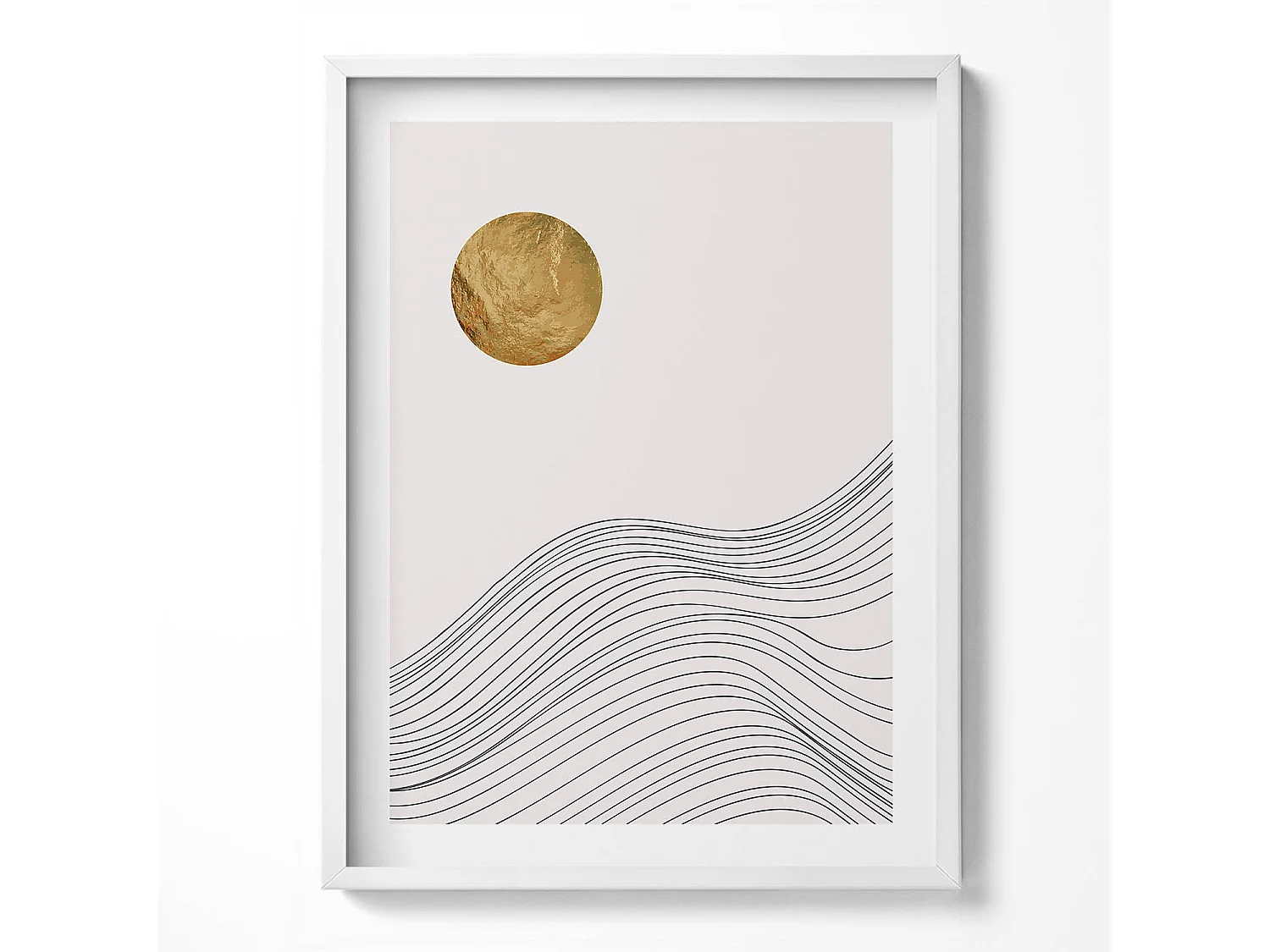 Dekoratives Gemälde mit weißem Rahmen, minimalistische Abstraktion mit goldenen Details 60 x 80 cm – perfekt für das Wohn- oder Schlafzimmer