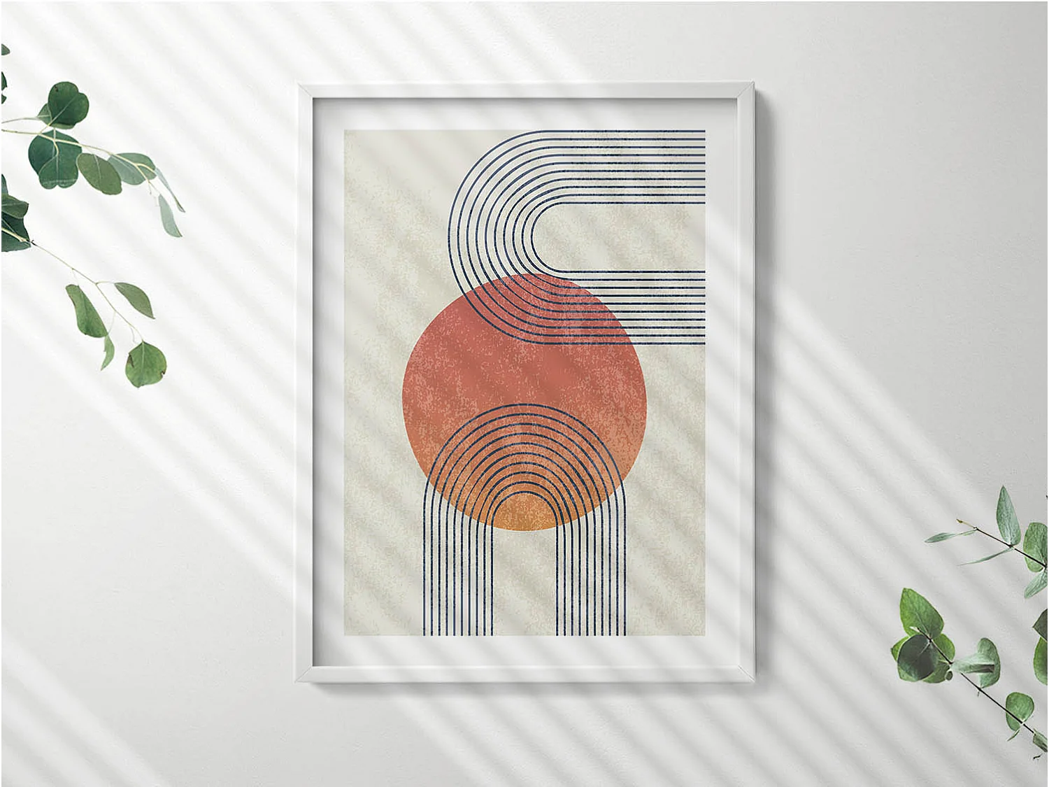 Dekoratives Gemälde mit weißem Rahmen, Linien und Kreis moderner Kunst 60 x 80 cm – Perfekt für das Wohn- oder Schlafzimmer